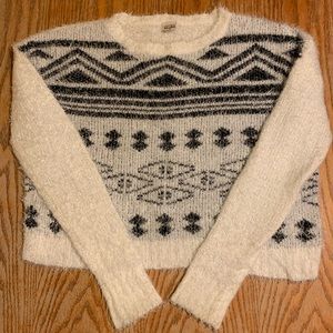 Mudd fuzzy sweater, white with a black design.